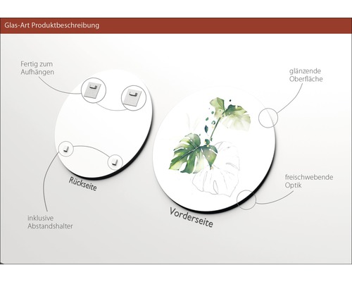 Glasbild mit Pflanzenmotiv, inklusive Halterung zur Wandmontage, glänzende Oberfläche