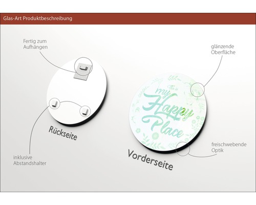 Glasbild mit glänzender Oberfläche, inklusive Abstandshalter und Aufhängevorrichtung.