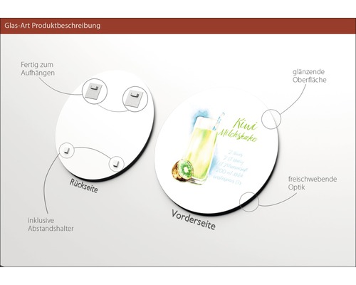 Glasbild mit Kiwi Milchshake Motiv, inklusive Abstandshalter und Aufhängevorrichtung