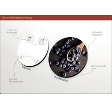 Produktbeschreibung einer Glasart: Rückseite mit Halterung, Vorderseite mit glänzender Oberfläche und schwebender Optik.