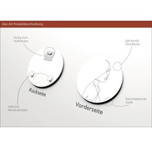 Glasbild Produktbeschreibung mit glänzender Oberfläche und freischwebender Optik, inklusive Abstandshalter und Aufhängevorrichtung