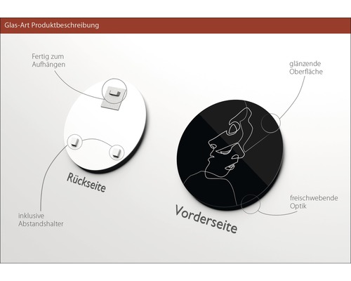 Glasbild mit glänzender Oberfläche, inklusive Abstandshalter und Aufhängung