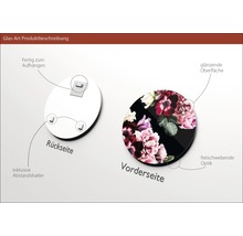 Glasbild mit Blumenmuster, Rückseite mit Aufhängung und Abstandshalter