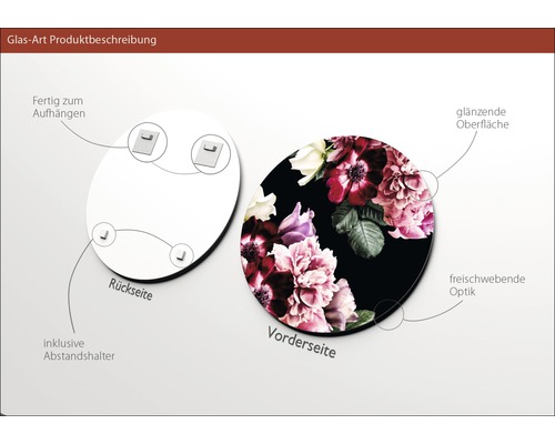 Glasbild mit Blumenmuster, inklusive Aufhängung und Abstandshalter
