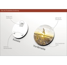 Glasbild Produktbeschreibung mit Aufhängevorrichtung, Abstandshalter und glänzender Oberfläche