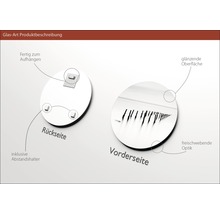 Produktdetails Glasbild: Rückseite mit Aufhängung und Abstandshalter, Vorderseite mit glänzender Oberfläche in schwebender Optik