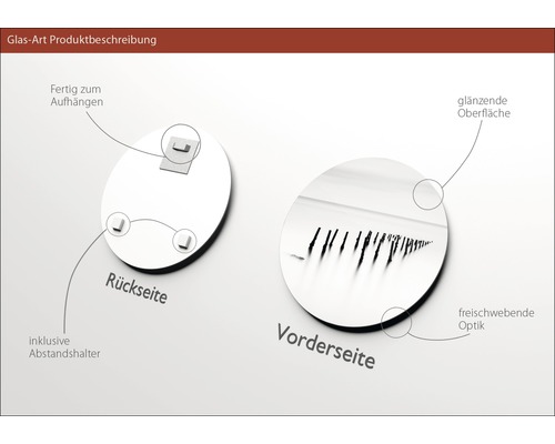 Produktdetails Glasbild: Rückseite mit Aufhängung und Abstandshalter, Vorderseite mit glänzender Oberfläche in schwebender Optik