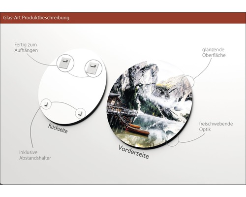 Produktbeschreibung einer Glasbildes mit Aufhängung und Abstandshalter
