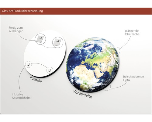 Glasbild mit Erdmotiv, inklusive Halterung und Aufhängesystem