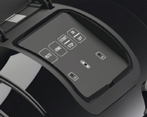 Detailansicht des Bedienfelds eines Staubsaugerroboters mit Tasten für Auto, Home, Start, Stopp sowie Ein- und Ausschalter