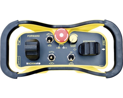 Gelbe Fernbedienung mit Schaltern für Vorwärts, Rückwärts, Stopp, Lenkung, Motordrehzahl und Messer