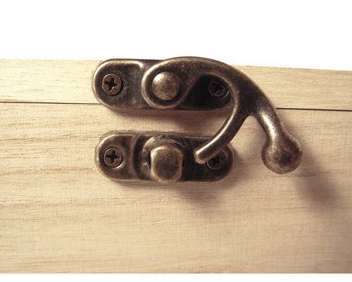 Detailansicht eines Kastenschlosses auf einem Holzkasten