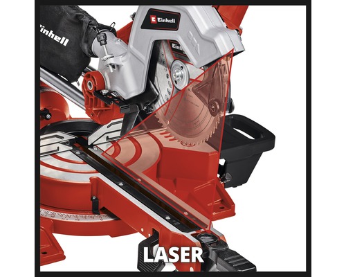 Einhell Logo. Detailansicht einer Kapp- und Gehrungssäge mit Laserfunktion.