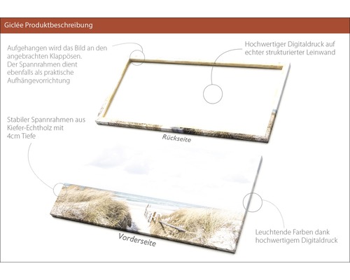Produktbeschreibung Giclée Leinwandbild: Rückseite mit Spannrahmen aus Kiefernholz und Aufhängevorrichtung, Vorderseite mit Digitaldruck