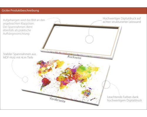 Leinwandbild mit Weltkarte, digitaler Druck auf Keilrahmen aus MDF-Holz