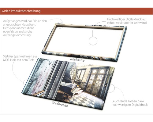 Produktbeschreibung Giclée: Rück- und Vorderseite eines Digitaldrucks auf Leinwand mit Spannrahmen aus MDF-Holz