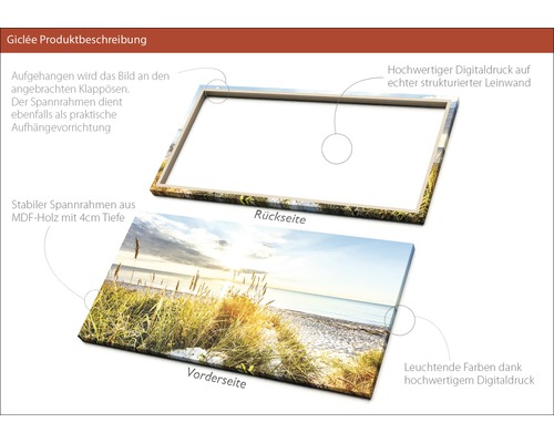 Detailansicht eines Giclée Kunstdrucks auf Keilrahmen mit Landschaftsmotiv, MDF Rahmen und Aufhängevorrichtung