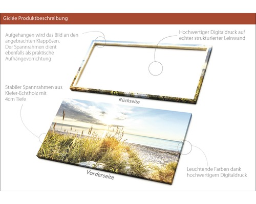 Produktbeschreibung eines Leinwandbildes mit digitalem Druck und Spannrahmen aus Kiefernholz