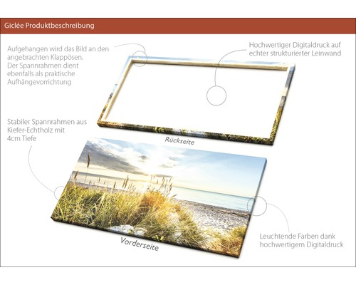 Gedrucktes Leinwandbild mit Holzrahmen, Vorder- und Rückseite.