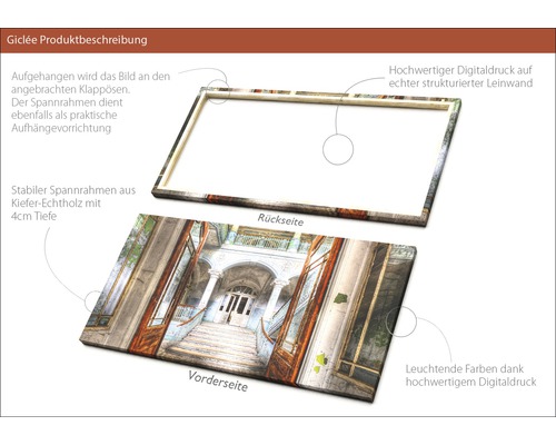 Produktbeschreibung einer Giclée Leinwand mit Rahmen aus Kiefernholz und Digitaldruck