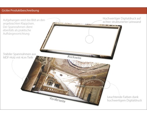 Detailansicht eines Giclée Kunstdrucks auf Keilrahmen mit einer Abbildung eines Treppenhauses