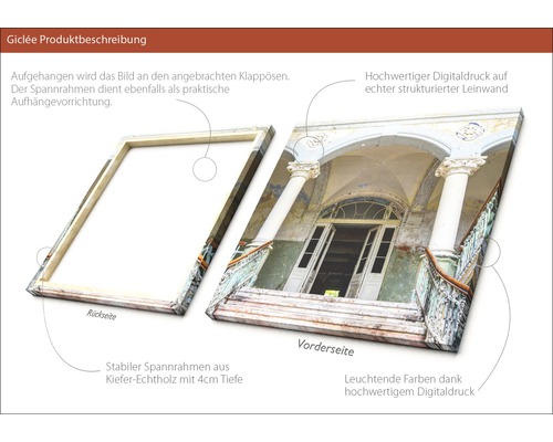 Giclée Kunstdruck auf Leinwand mit einem Motiv von einem alten Gebäude, aufgezogen auf einen 4 cm tiefen Keilrahmen aus Kiefernholz.