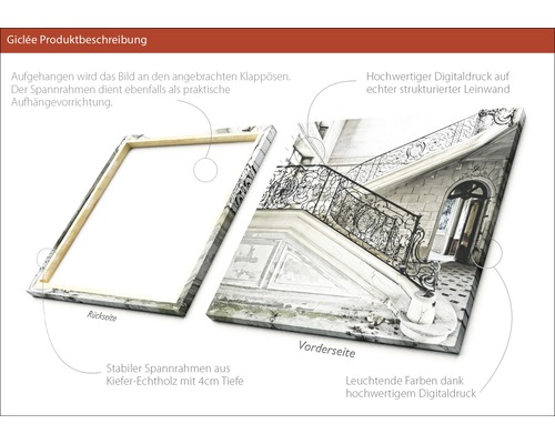Giclée Kunstdruck auf Leinwand mit Treppenmotiv und Holzkeilrahmen