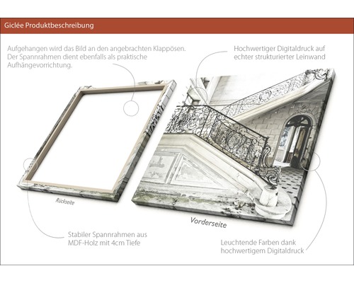Leinwandbild mit Treppenhausmotiv, aufgespannt auf einen MDF Rahmen