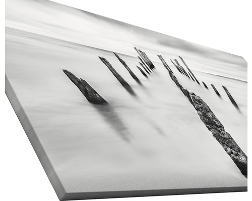 Schwarzweiß-Fotografie von Holzpfosten im Wasser auf Leinwand