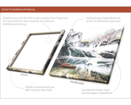 Leinwandbild mit Bergsee-Motiv, MDF-Holzrahmen und digitalem Druck