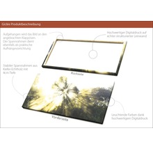 Produktbeschreibung Giclée: Rückseite und Vorderseite eines Keilrahmens aus Kiefernholz mit Digitaldruck auf Leinwand.