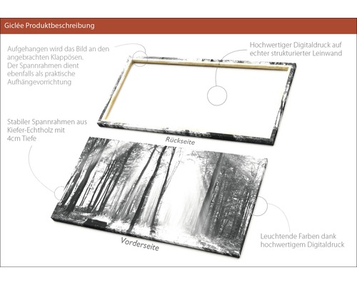 Produktbeschreibung Giclée: Rück- und Vorderseite einer Leinwand mit Waldmotiv auf Keilrahmen aus Kiefernholz