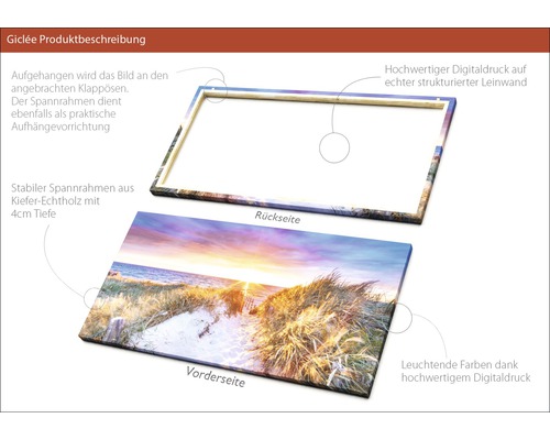 Produktbeschreibung Giclée Druck: Vorder- und Rückseite mit Holzrahmen und digitalem Druck auf Leinwand