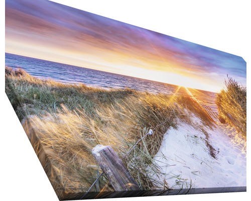 Leinwandbild mit Dünenlandschaft am Meer bei Sonnenuntergang