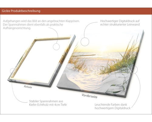 Detailansicht eines Leinwandbildes mit Strandmotiv und Holzrahmen