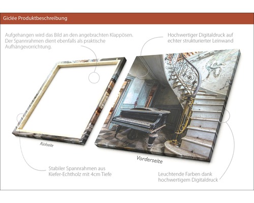 Leinwandbild mit Treppe und Klavier, aufgespannt auf Holzrahmen