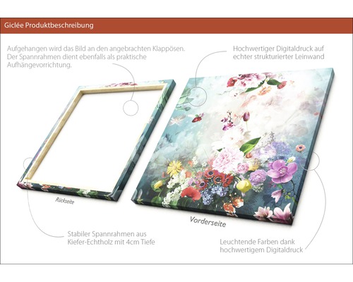 Giclée Kunstdruck auf Leinwand mit Blumenmotiv und Holzrahmen