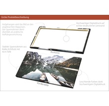 Detailansicht eines Giclée-Kunstdrucks auf Leinwand mit Holzrahmen und Bergsee-Motiv