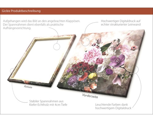 Giclée Kunstdruck auf Leinwand mit Blumenmotiv und Holzrahmen
