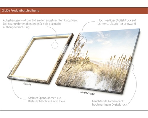 Giclée Leinwandbild mit Spannrahmen aus Kiefernholz und Strandmotiv