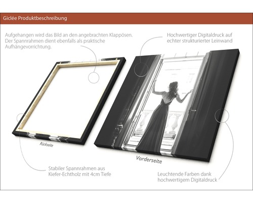 Produktbeschreibung eines Giclée Kunstdrucks auf Leinwand mit Keilrahmen aus Kiefernholz