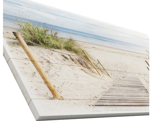 Leinwandbild mit einem Strandmotiv, das einen Holzsteg und Dünen zeigt