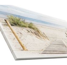 Leinwandbild mit Strandmotiv, Dünen, Holzpfad und Küstenlinie