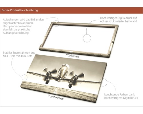 Leinwandbild mit Flugzeugmotiv und MDF-Holzrahmen