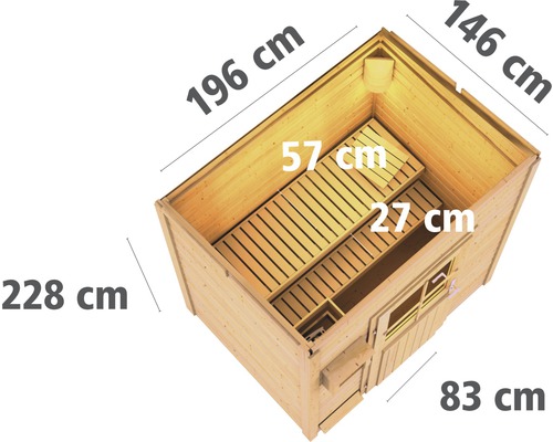 Abmessungen einer Holzsauna mit Tür und Fenstern