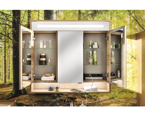 Offener Spiegelschrank mit Glasböden, Beleuchtung und Steckdosen für das Badezimmer