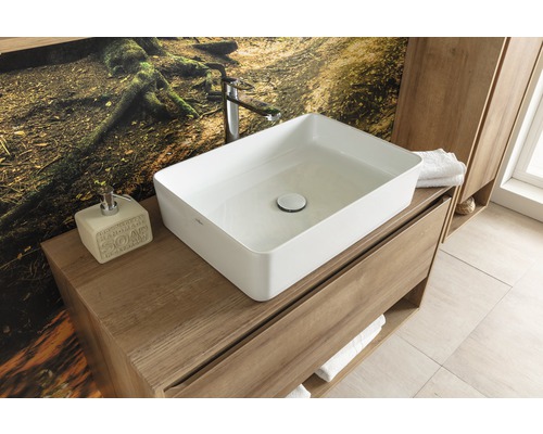 Badezimmer mit Aufsatzwaschbecken, Armatur, Seifenspender und Holzunterschrank