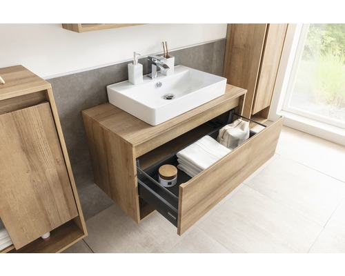 Modernes Badezimmer mit Waschtisch, Aufsatzwaschbecken und offenem Schubfach
