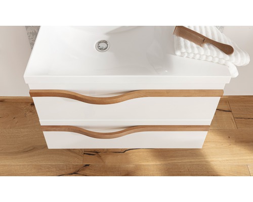 Waschbeckenunterschrank mit zwei Schubladen und Holzgriffen