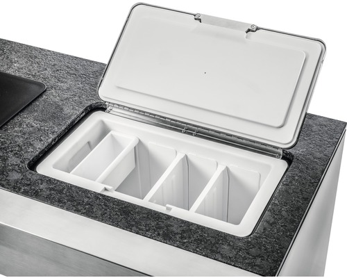Einbaukühler mit Behältern und Deckel in Arbeitsplatte